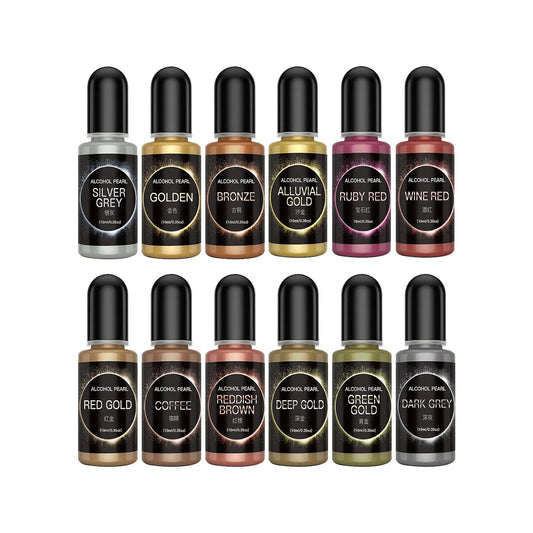 Whole Set of Metallic Alcohol Ink Pigment for Epoxy Resin, 12 bottles of 10ml Resin Alcohol Ink, Metallic Pearl Colourant, Epoxy Resin Dye