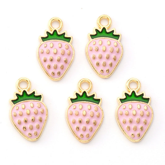 5|10pcs Pink Strawberries Enamel Charm Jewellery Pendant, Strawberry Enamel Charm for Jewelry Making DIY Jewelry, Enamel Fruit Charms